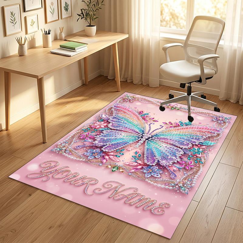 Butterfly Theme Crystal Velvet Rug Personalized Custom Name Text Soft Floor Mat Home Decor