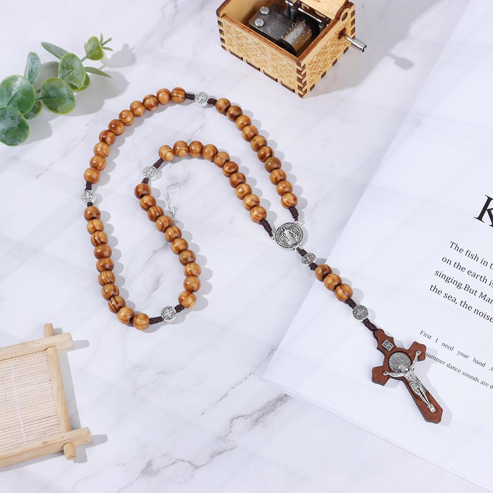 Подарки Католическая молитвенная цепочка Деревянные бусины Ожерелье Ожерелье с крестом Ожерелье-розарий Подвеска-крест
