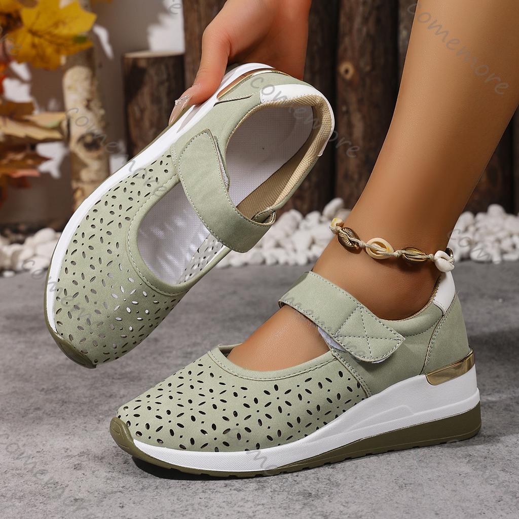 Comemore Summer New Lightweight Hollowing Sneakers for Women Casual Breathable Wedges Middle Heel Sports Single Vulcanize Shoes