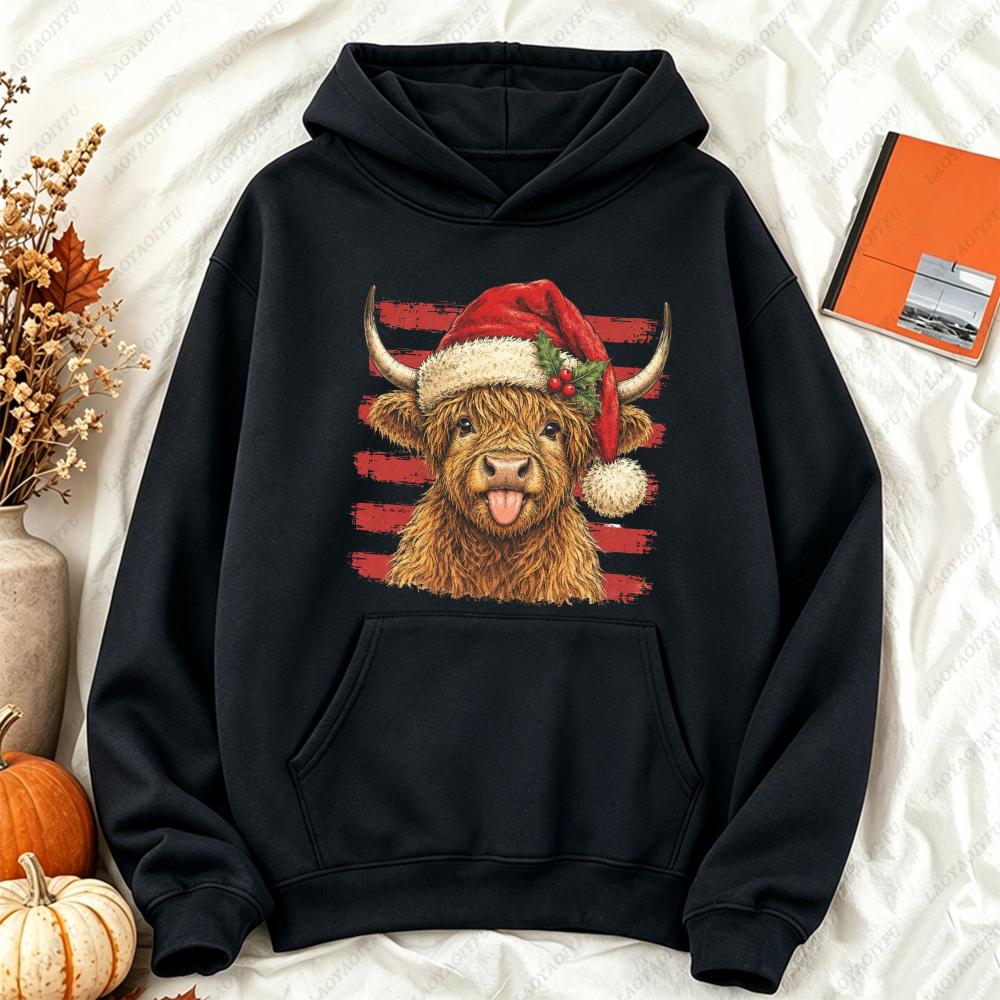 Merry Christmas Highland Cow Graphic Hoodies Women Vintage Winter Warm Sweatshirts Casual Loose Pullover Xmas Clothes