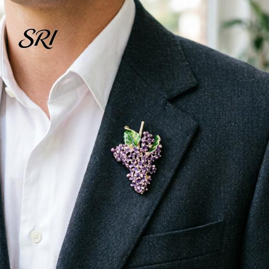 Green Leaf Pin Brooch Lilac Bouquet Design Enamel Purple Rhinestones Zinc Alloy Suit Coat Sweater Dress Accessory