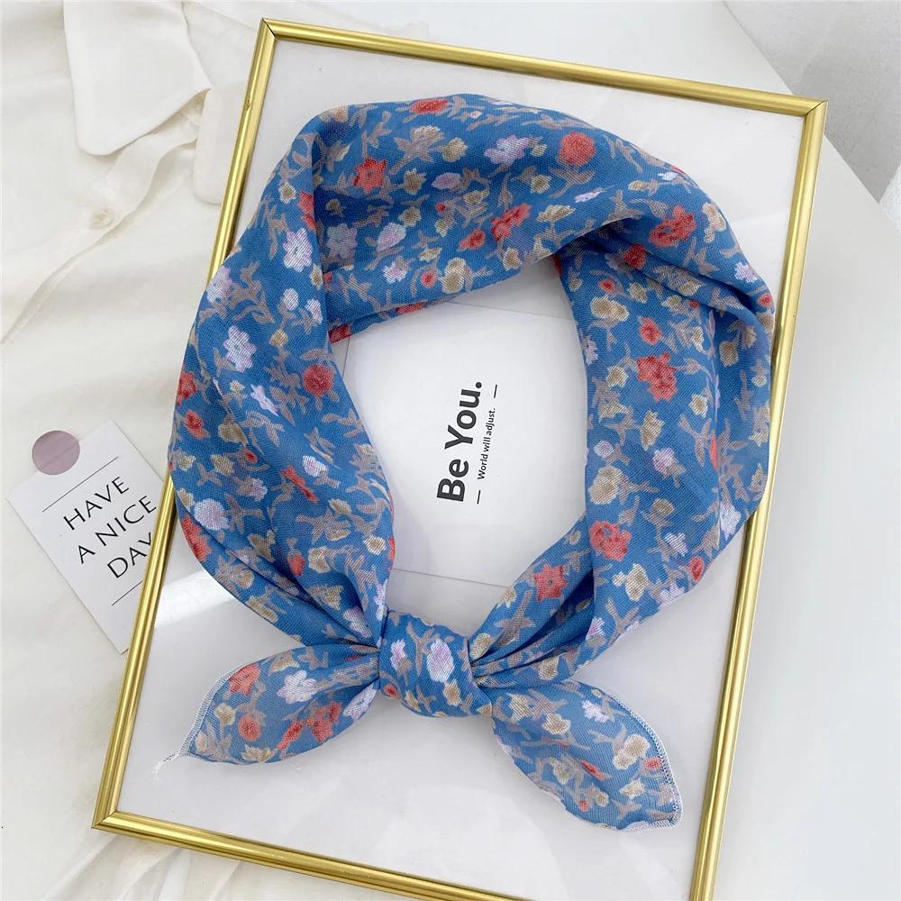 Floral Print Neckerchief Small Hijab Scarfs Women Fashion Handkerchief Neck Scarf Shawls Cotton Blends Korean Hair Scarves 58CM