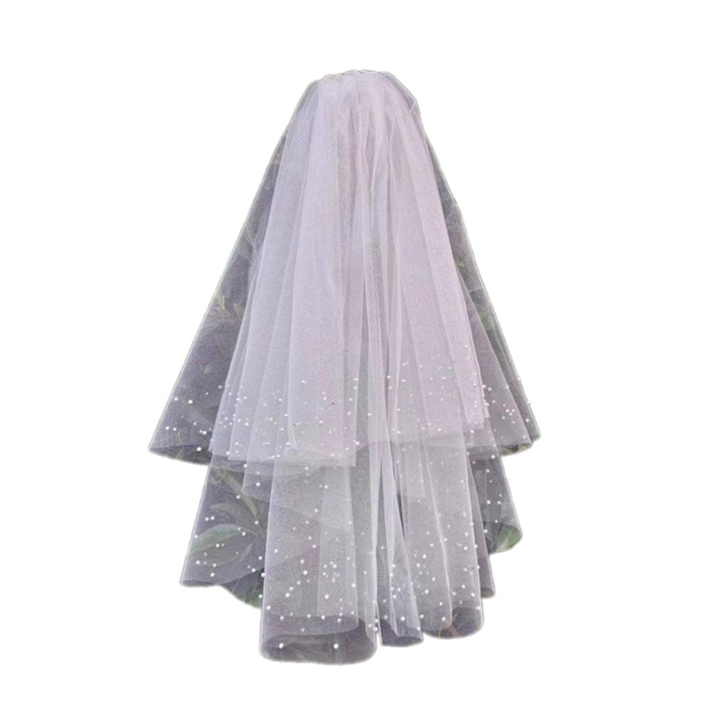 Elegant Bridal Lace Veil Women Pearl Tulle Bachelorette Party White Veil with Rhinestone for Wedding Performances