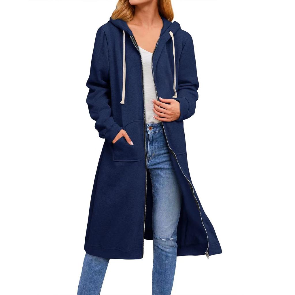 Loose Zip Long Cardigan Jacket Women's Hooded Sweatshirt Long Coat With Pocket