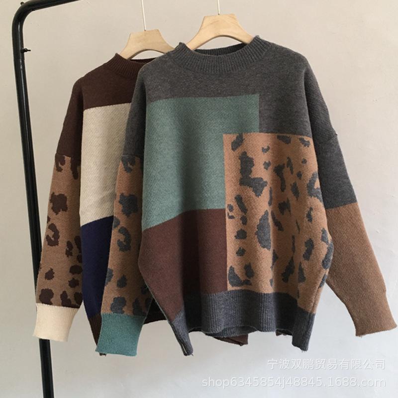 Europe and United Leopard Patchwork Sweater for Women Soft Thickened Round Neck Long-sleeved Knitted Top Lady's Casual Fashion Pullover Knit Sweater