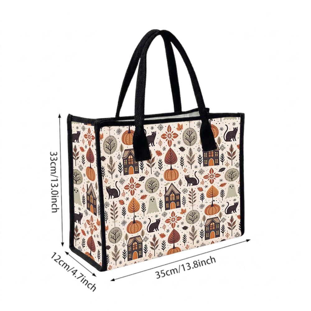 Halloween Themed Tote Bag Portable Casual Canvas Shopping Handbag for Daily Use