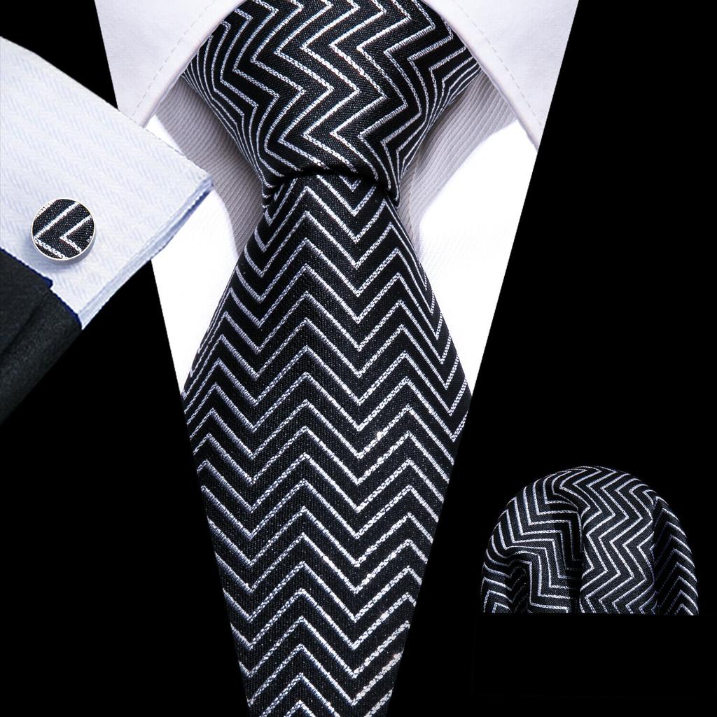 Barry.Wang Mens Novelty Plaid Striped Neckties Handkerchief Cufflinks Set Formal Casual Business