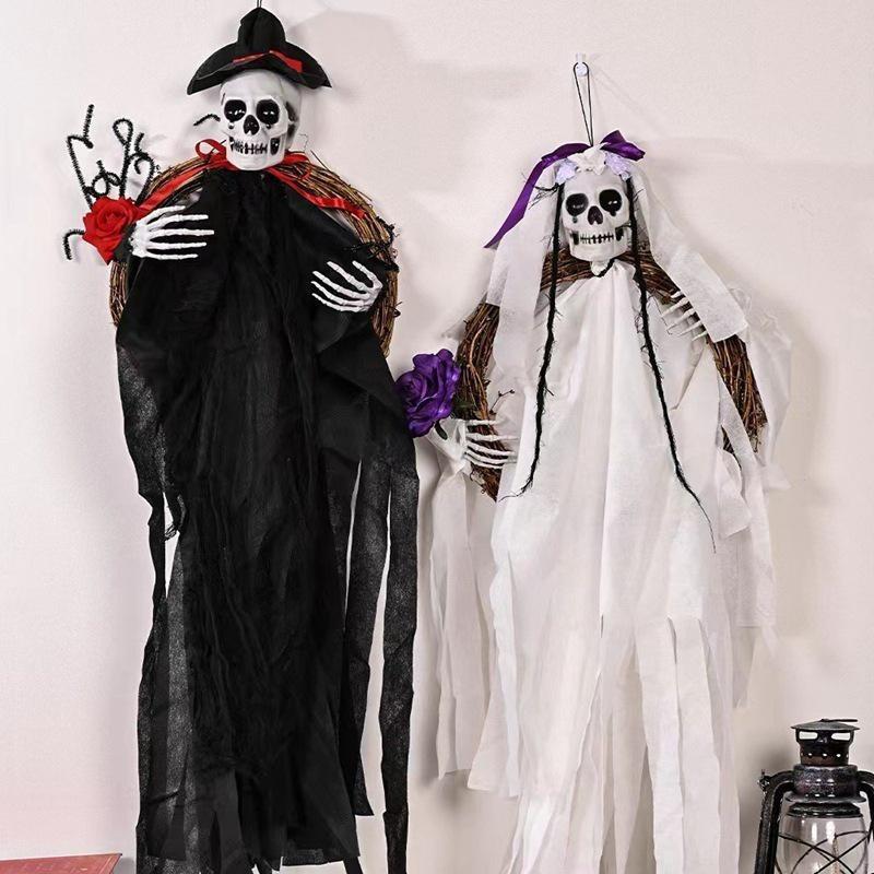 1 Pcs Skeleton Haunted House Props Pendant Ghost Bride Groom Rattan Ring Garland Party Supplies Halloween Decor