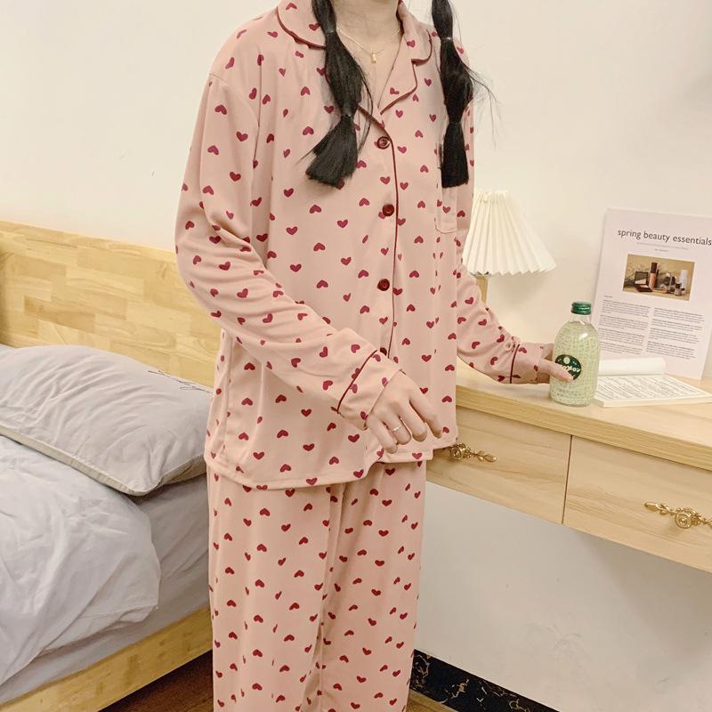 Женский пижамный комплект из молочного шелка с длинными рукавами на весну и осень — свободный крой, повседневная домашняя одежда