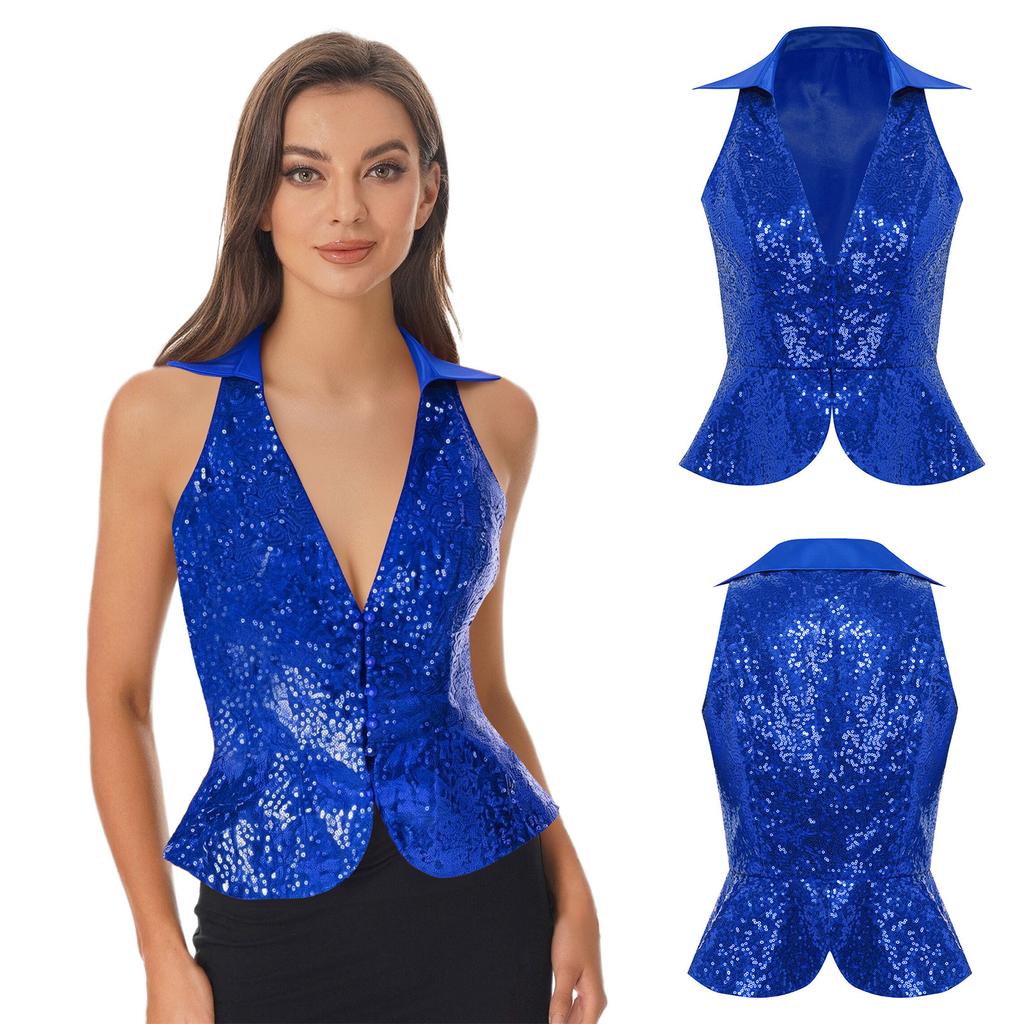 Women's Sequin Embellished Party Vest S-3XL, Lapel Sleeveless Sparkly Top for Night Out, Summer Banquet & Themed Party Wear