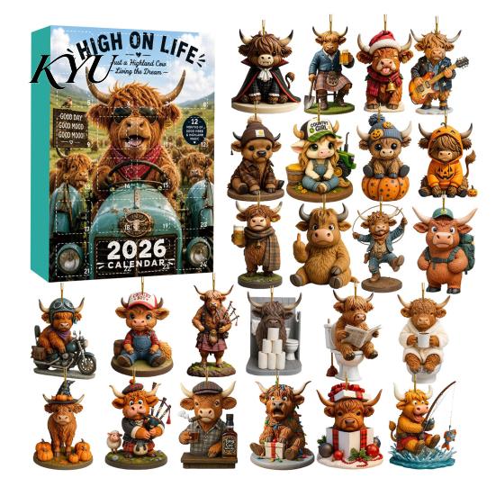 Christmas Tree Wall Bag Decorations 2026 Highland Cow Advent Calendar, 2D Flat Acrylic Unique Ornament Series Ornaments, 24 Days Countdown Gift