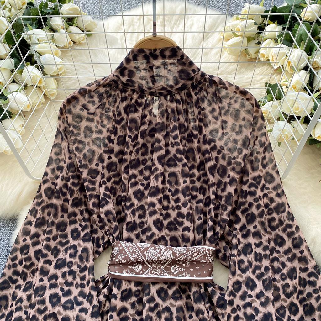 Women's Dress Funky Scarf Tie Waisted Lantern Sleeve Leopard Mesh A-Line Short Dresses