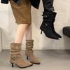 Foreign Temperament Thin Heel High Heel Pointed Thin Short Boots Women's 2025 New Autumn and Winter Versatile Pleated Pile Naked Boots