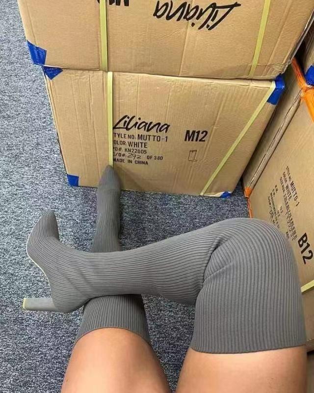 Женская обувь 2024 года, зимние новые модные вязаные длинные толстые высокие каблуки, носки, сапоги, женские выше колена, эластичные узкие женские сапоги