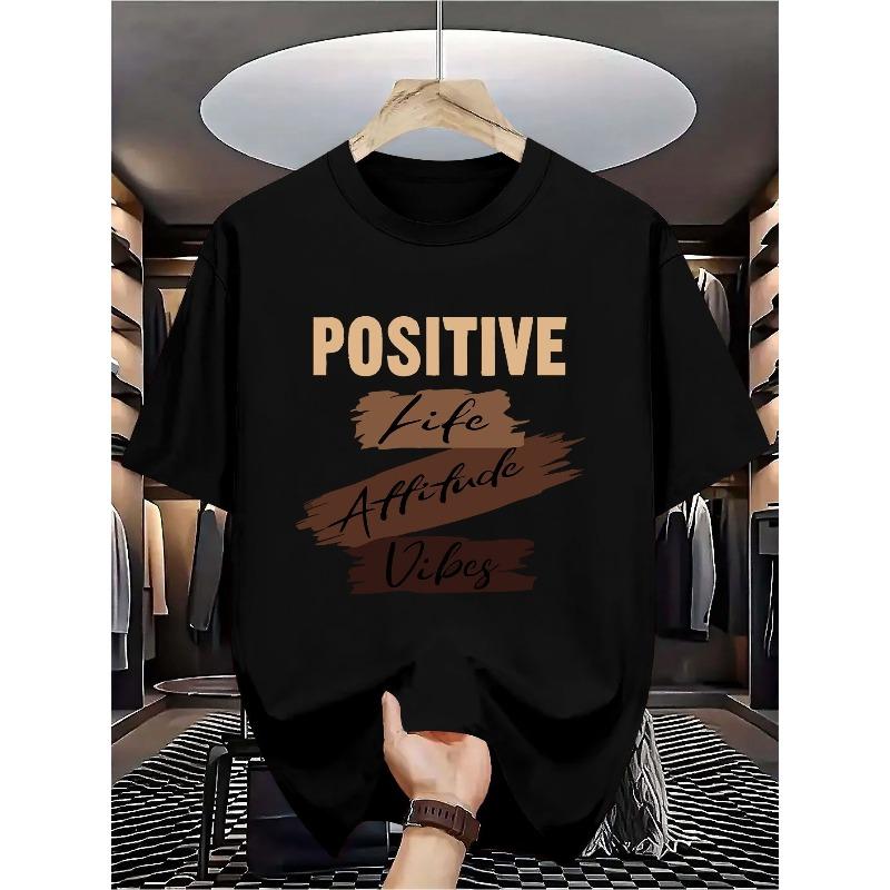 Европейские размеры Мужская футболка с графическим принтом Positive Vibes - Черная Повседневная Летняя футболка с Вдохновляющим Дизайном, Мягкая, С Круглым Вырезом, Можно стирать в машине