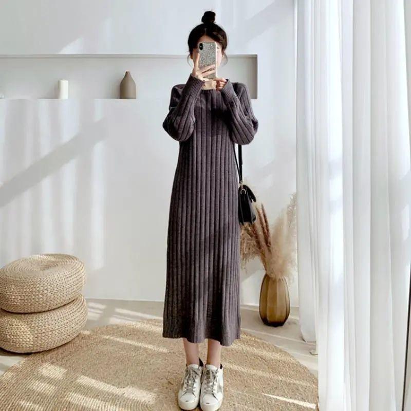 Платье длинное шерстяное платье длиной до колена для женщин 2023, осень и зима, свободный низ, однотонное трикотажное женское платье с длинными рукавами
