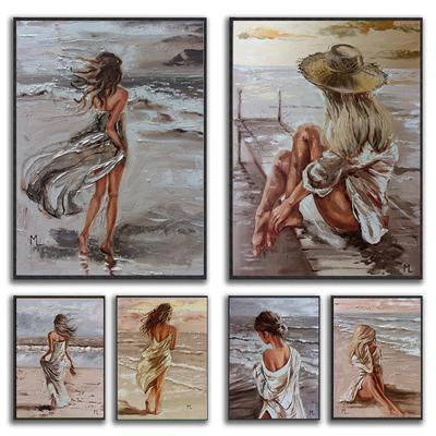 Красивая девушка на берегу моря, картина маслом, холст, HD печать, женские настенные художественные фотографии, украшение для гостиной, дома