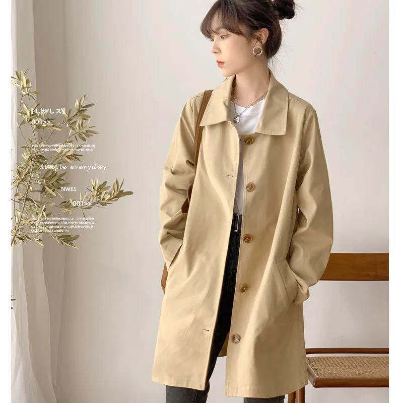 Polo Collar Trench Coat Solid Color Simple Casual Women's Thin Coat Mid Length Loose Single Breasted Design with Lining Cloth Spring Autumn