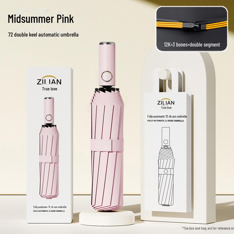 Автоматический складной зонт с двумя килями, 72 кости, женский, ветроустойчивый, солнцезащитный козырек двойного назначения, защита от УФ-излучения, подходит для использования в солнечную и дождливую погоду.
