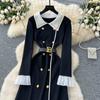 Autumn Winter Women Elegant Turn-down Collar Double Breasted Knitted Sweater Office Work Long Midi Dresses with Belt