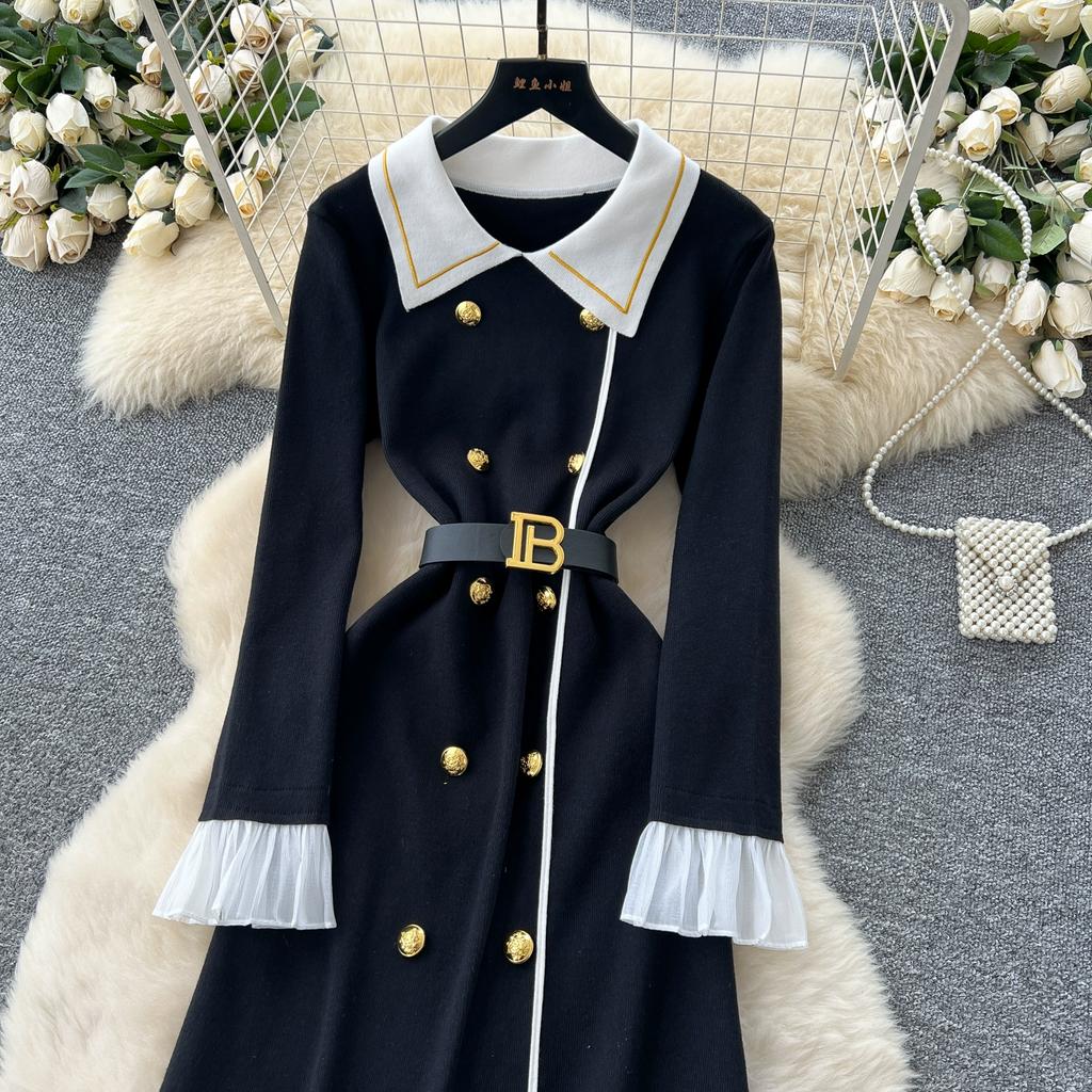 Autumn Winter Women Elegant Turn-down Collar Double Breasted Knitted Sweater Office Work Long Midi Dresses with Belt
