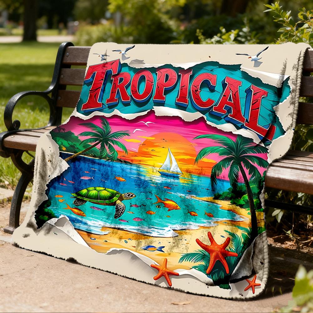 1pc Tropical Paradise Outdoor Flannel Blanket Soft All Season Polyester Throw , Perfect for Picnics & Travel , Picnic Accessory