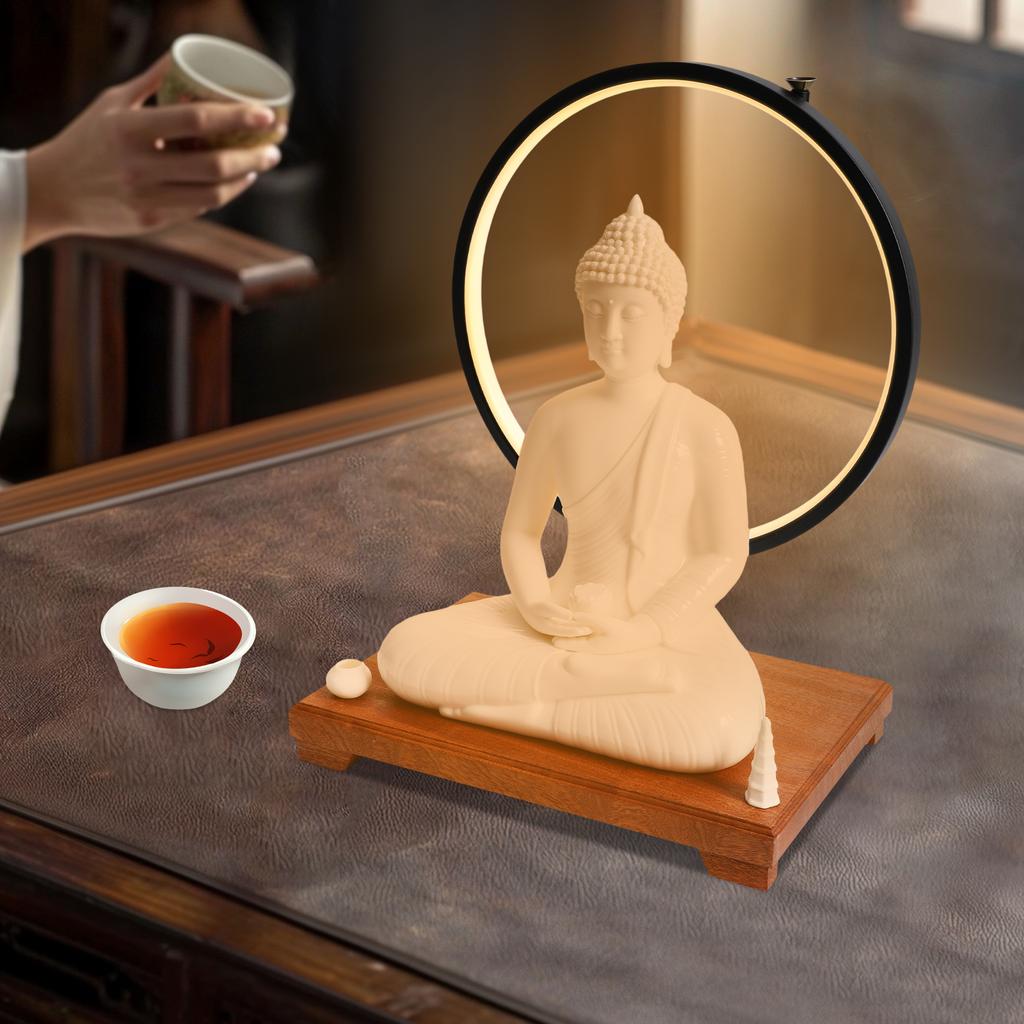 Керамическая статуэтка Будды со светодиодным ореолом, Регулируемая 6-уровневая подсветка, Медитативная фигурка 16 дюймов, Деревянное основание, Декор для дома в стиле дзен, Акцентное освещение