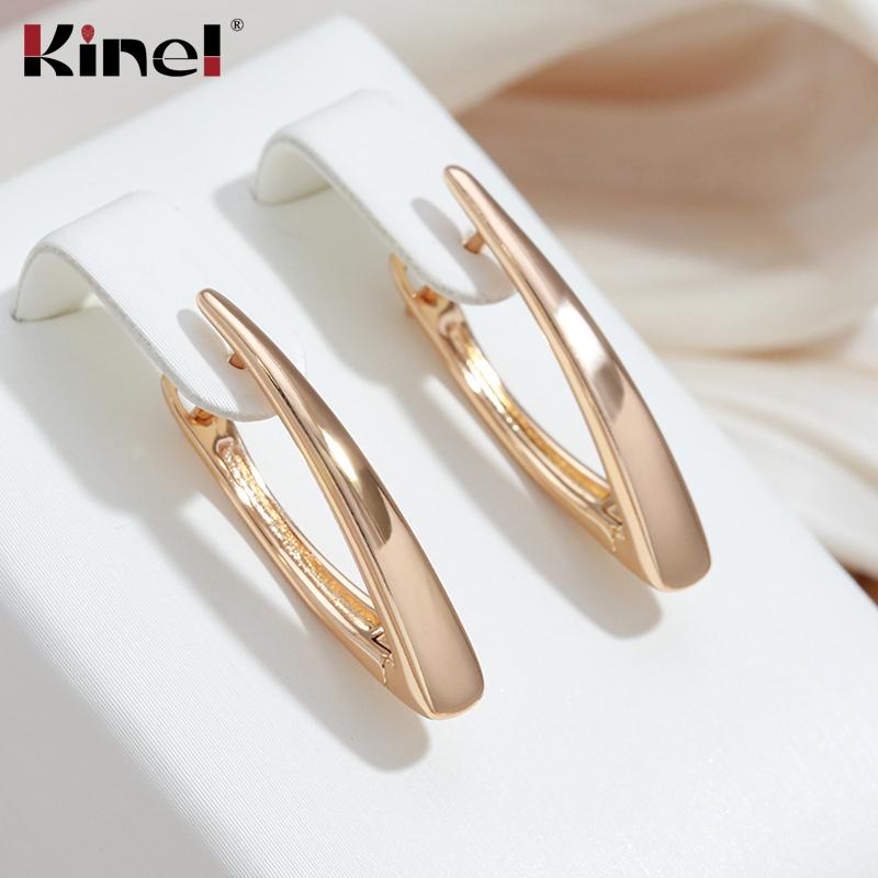 Kinel Glossy Gold Color V Shape Earrings For Women