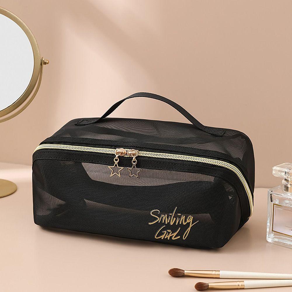 Простая сетчатая косметичка большой емкости со звездной молнией, черная серая косметичка для путешествий, удобный несессер для туалетных принадлежностей