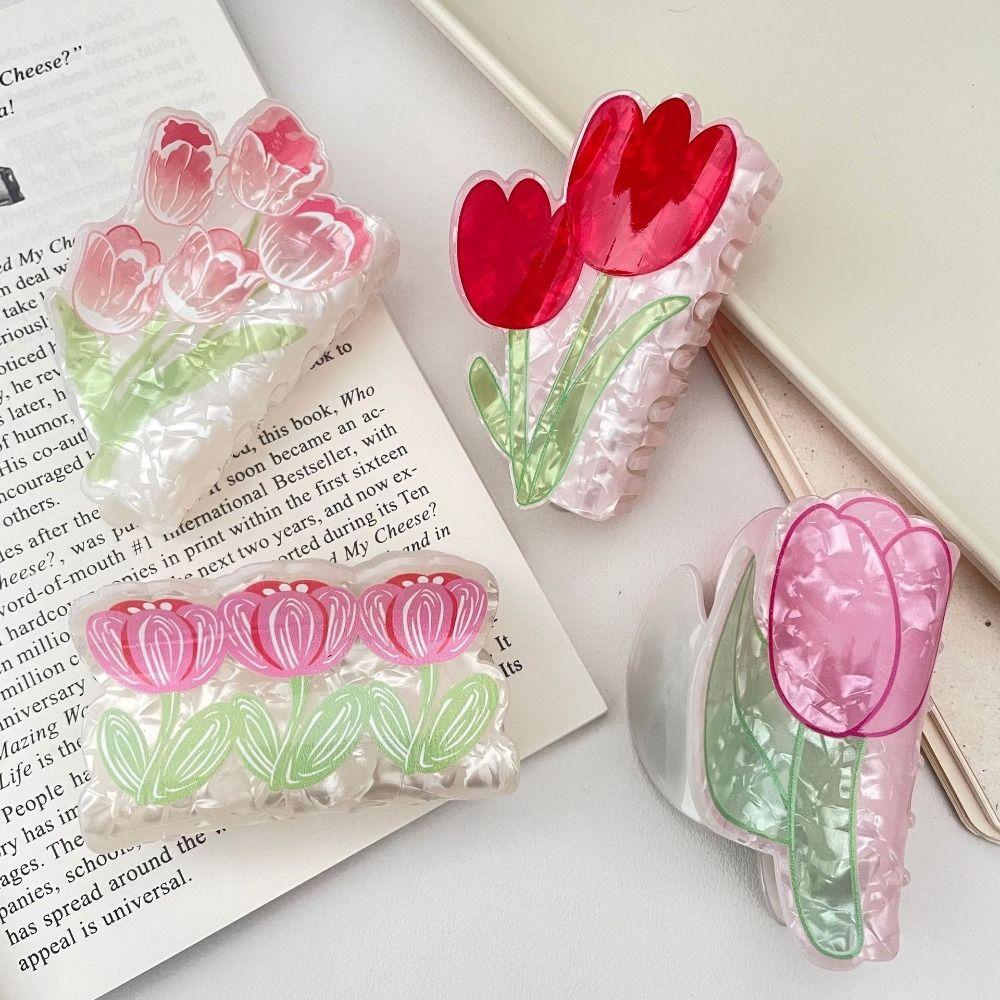 Acetic Acid Acetate Shark Clip Ponytail Holder Acetic Acid Grab Clip Tulip Flower Hair Claw Girl