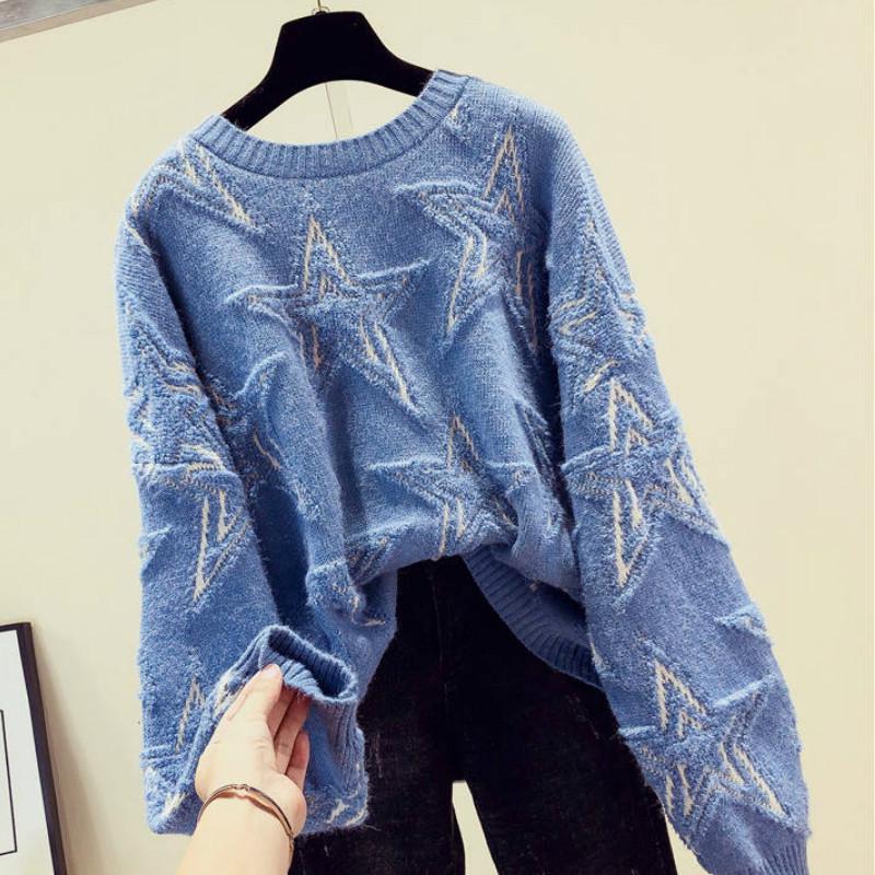 Вязаный свитер со звездами, осенне-зимний жаккардовый свободный свитер с круглым вырезом и длинными рукавами