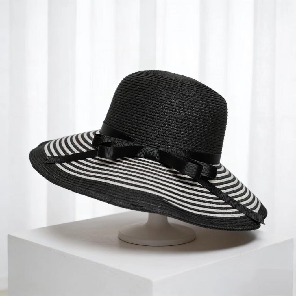 Seaside vacation straw hat, new women's large-brim sun-protection hat, foldable bow beach hat, UV protection hat