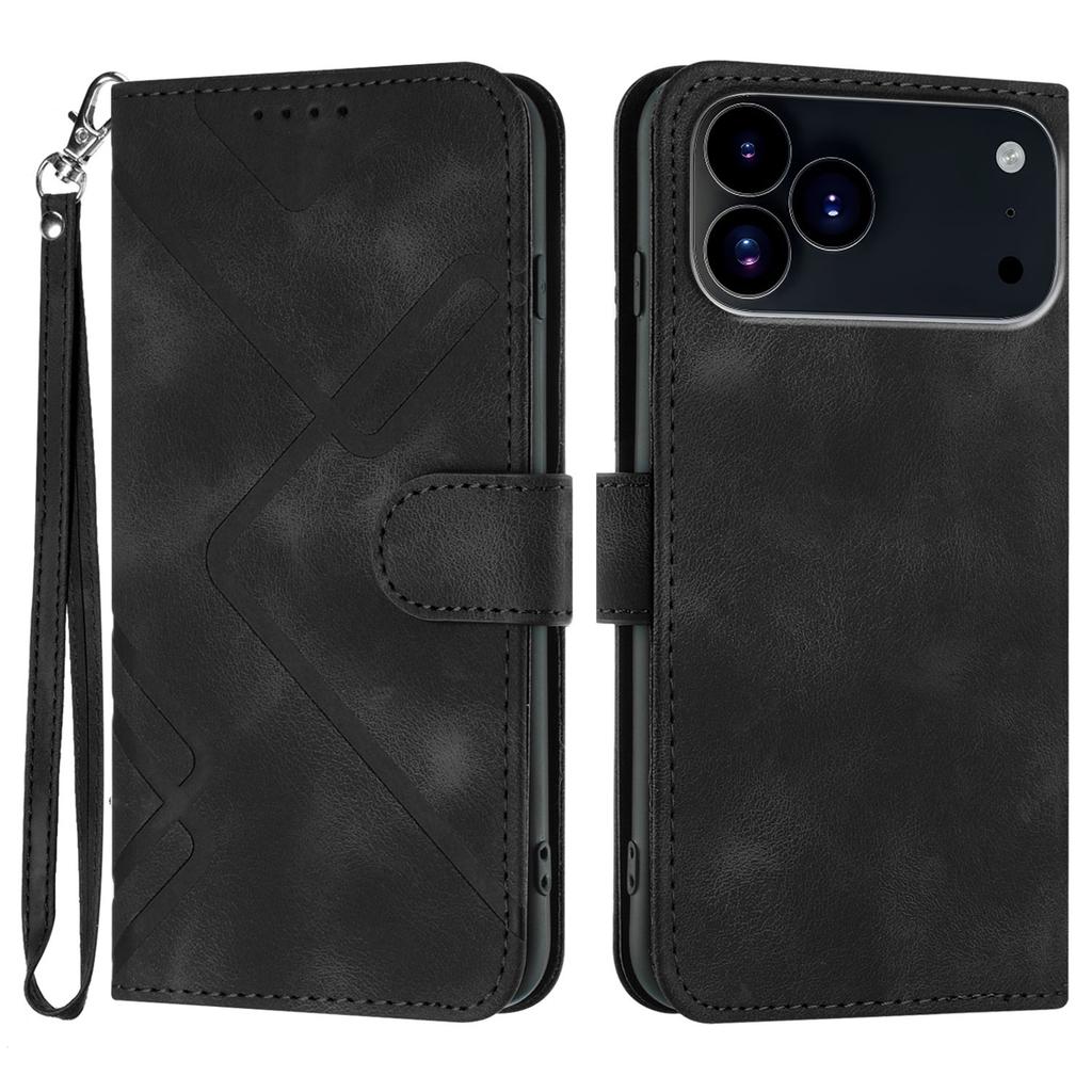 For iPhone 17 Pro Max Wallet Case Line Imprinted PU Leather Phone Cover with Strap
