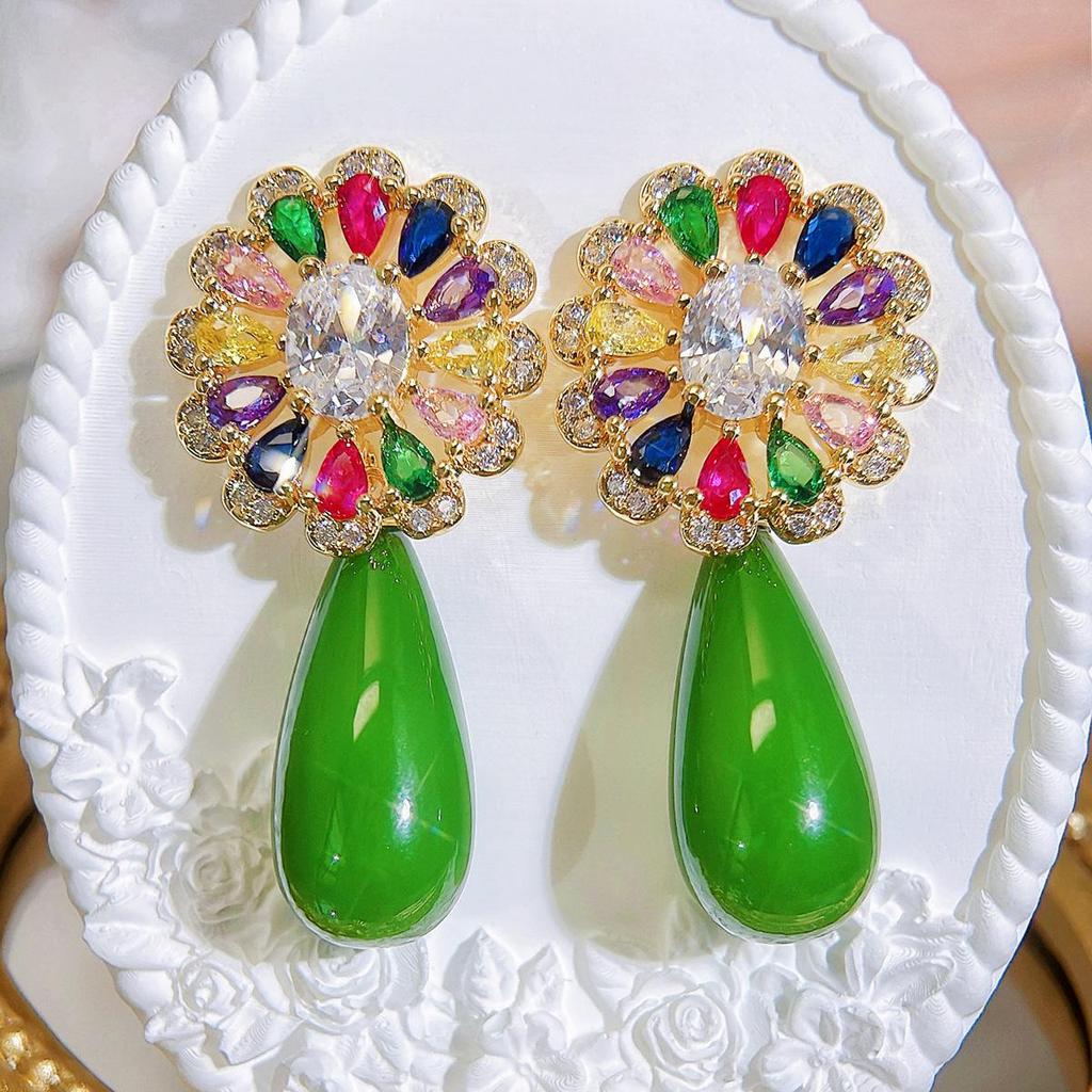 CMM Vibrant Multi Colored Cubic Zirconia Golden Embellished Floral Earrings with Stunning Green Teardrop Drops A Fashion Statement for Every Occasion