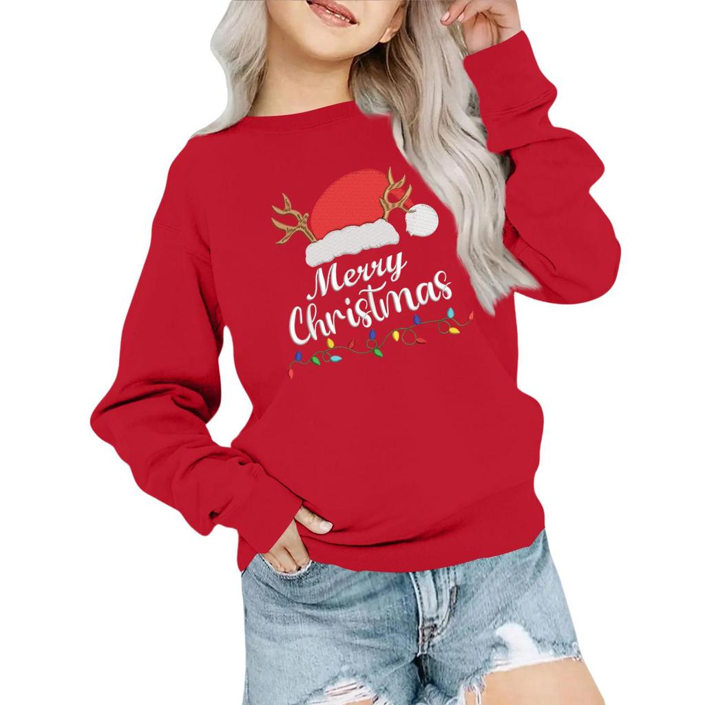 Kids' Fashion Loose-Fit Casual Long-Sleeve Christmas Print Oversized Crewneck Sweatshirt