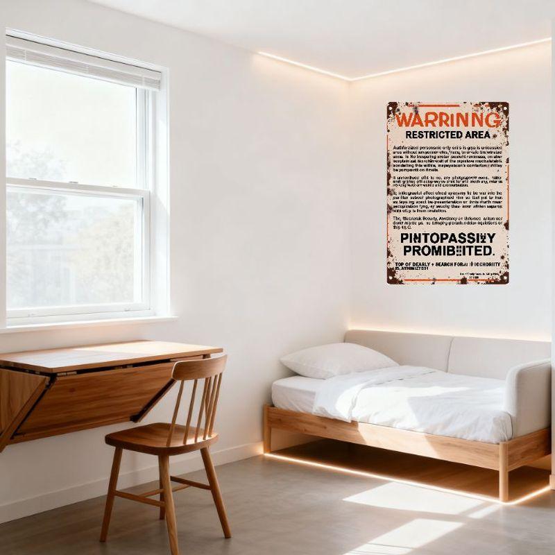 Vintage Rusty Metal Sign 'WARRING RESTRICTED AREA' Distorted Text Warning Plaque for Man Cave Bar Home Decor with Rusty Edges &