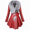 Winter Women's Mid-length Leather Trench Coat and Cotton Coat Slim PU Fur with Faux Fox Fur Collar