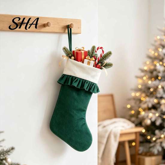 Family Christmas Stocking Set Large Ruffled Cuff Stockings, Thick Xmas Gift Sack with Hanging Elegant Tree Decor Rope, Fireplace Candy Present