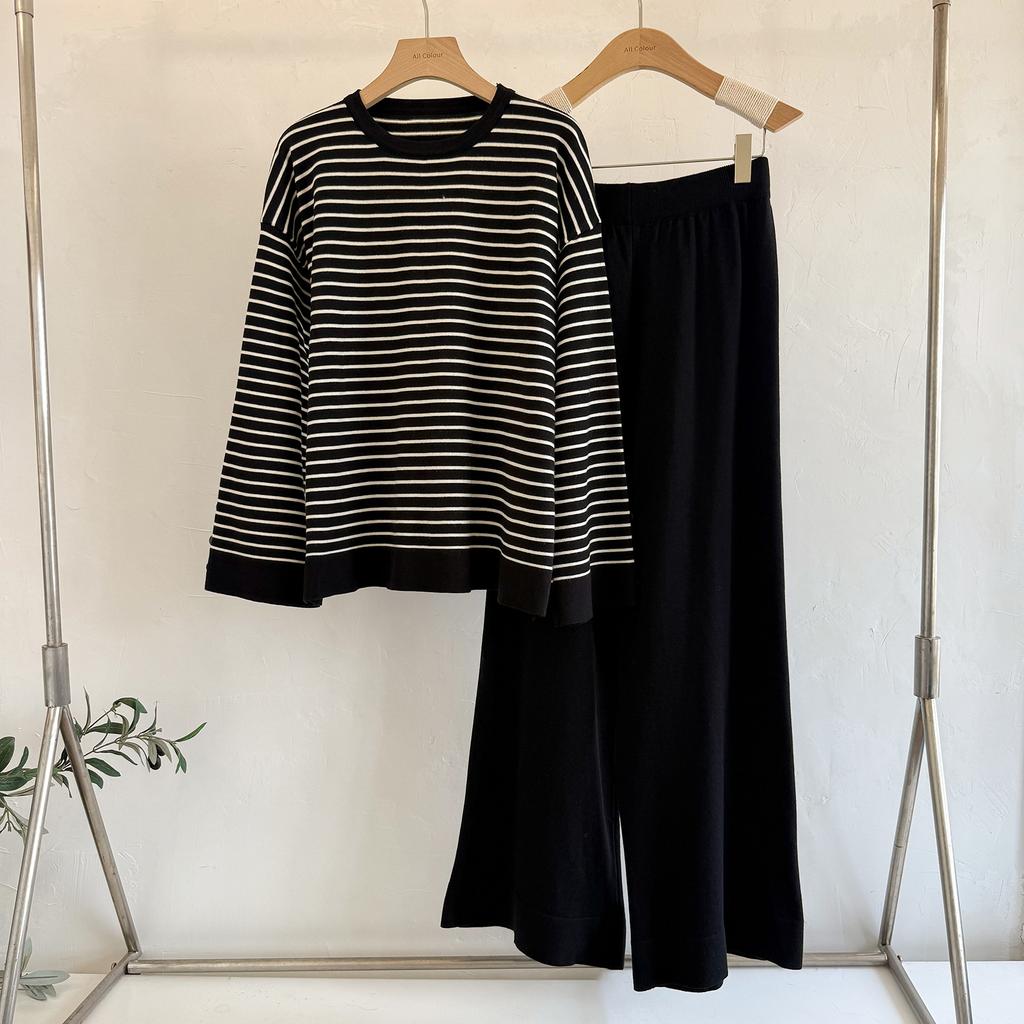 Корейский повседневный костюм женский осенне-зимний женская одежда полосатый топ повседневные широкие брюки модный темперамент