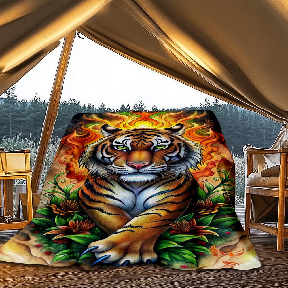 1pc Tiger Flames Design Throw Blanket Polyester Fiber, Lightweight Flannel, Soft & Warm, All Season Use for Outdoor, Camping Digital Print
