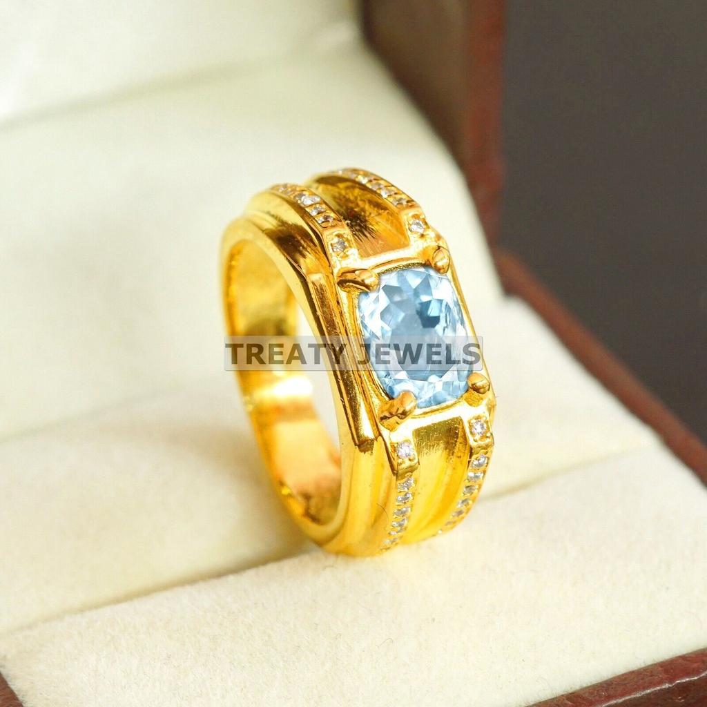 Aquamarine Oval Cut With 925 Sterling Silver Gold Plated Ring For Men's #A737 JL375659043641