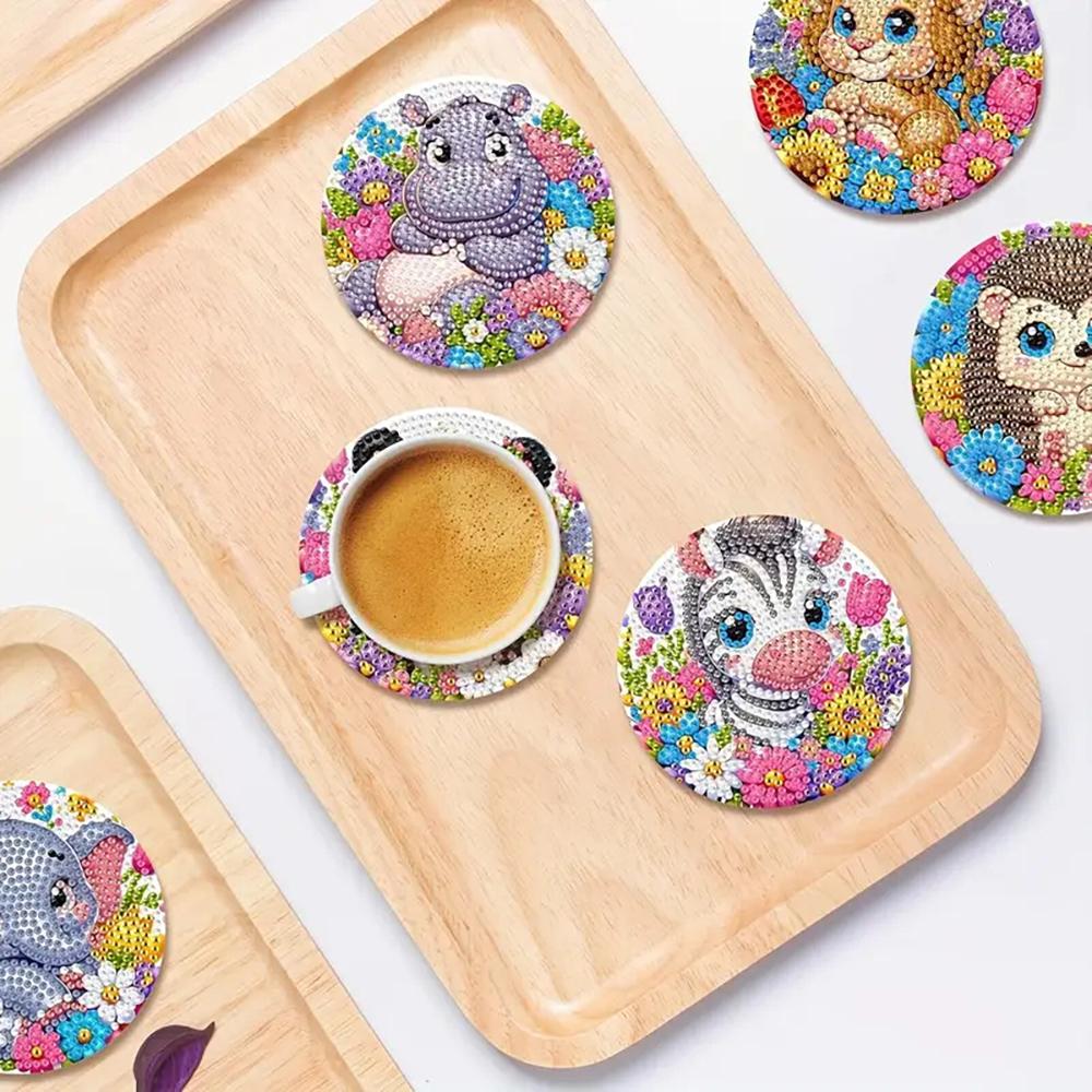 8 Pieces/set of Diamond Painted Animal Patterned Coasters, DIY Coasters with Holder, Suitable for Beginners and Adults, Art and Craft Supplies Gifts