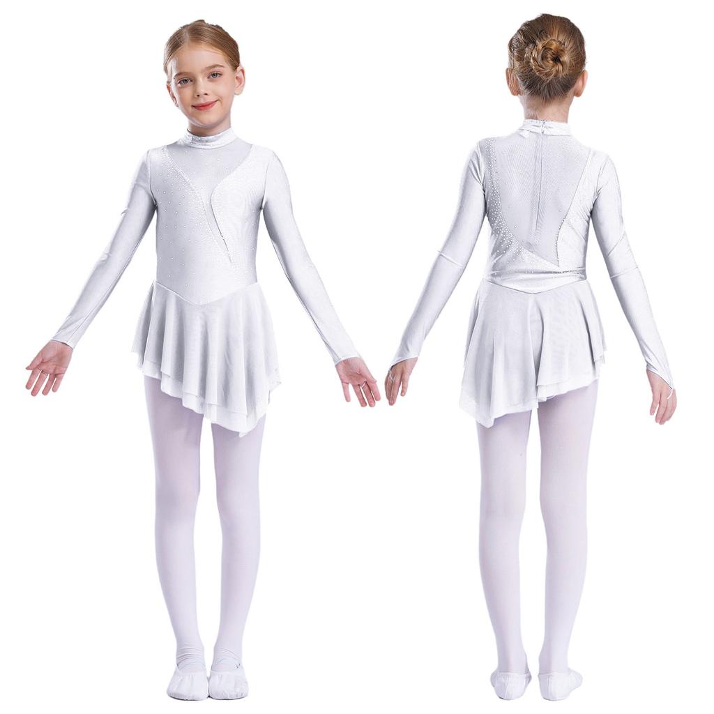 Kid Girls Figure Ice Skating Dress Long Sleeve Irregular Hem Leotard Dress Stage Performance Costume