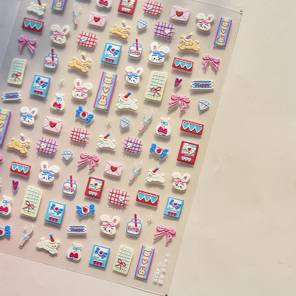 1pcs Cute Graffiti Lines Nail Art Stickers 5D Embossed Butterfly Rabbit Nail Art Accessory Stickers Self Adhesive Decal