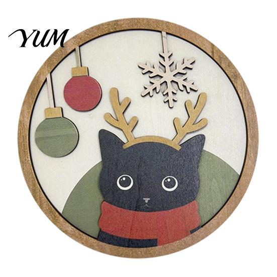 Entryway Hanging Decor Christmas Black Cat Wall Decor, Layered Wooden Sign, Round 2D Theme Flat Art Decoration for Living Room Bedroom And Hall Porch