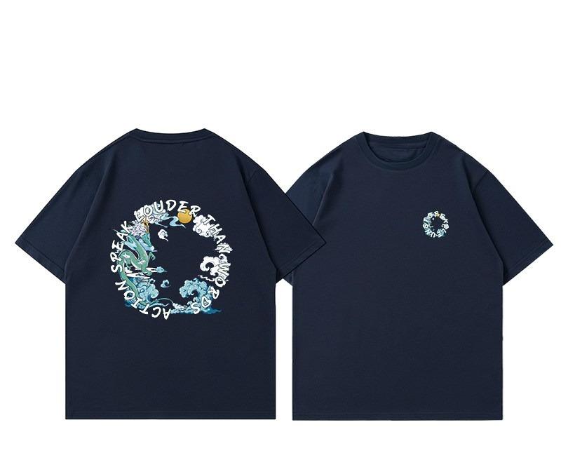 Dragon Sea Wave Dual Side Printed Tshirt Circular Font Logo Oversized Loose Cotton Unisex Retro Casual Short Sleeve Top