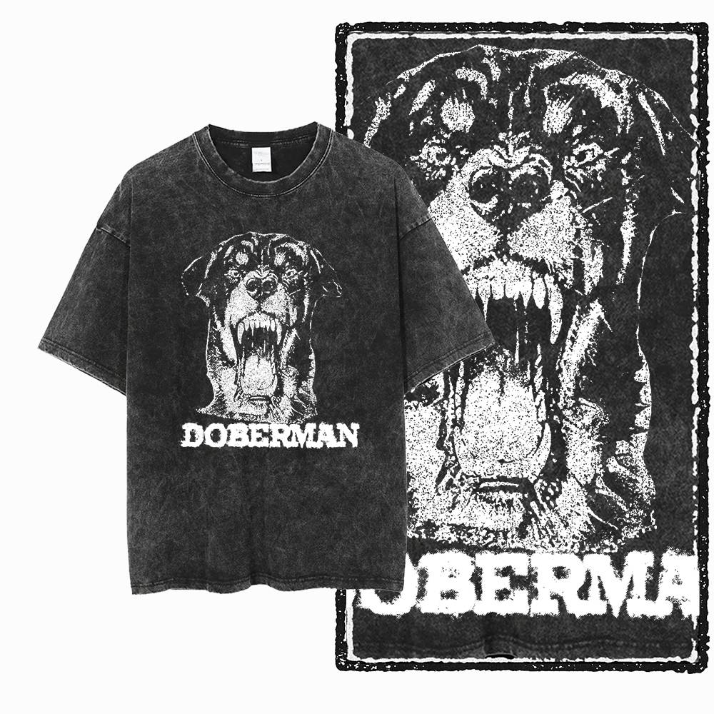 DoberUnisex Собака Винтажный Графический Принт Стирка Потертый Большой Размер Черный Хлопок Унисекс Ретро Футболка G