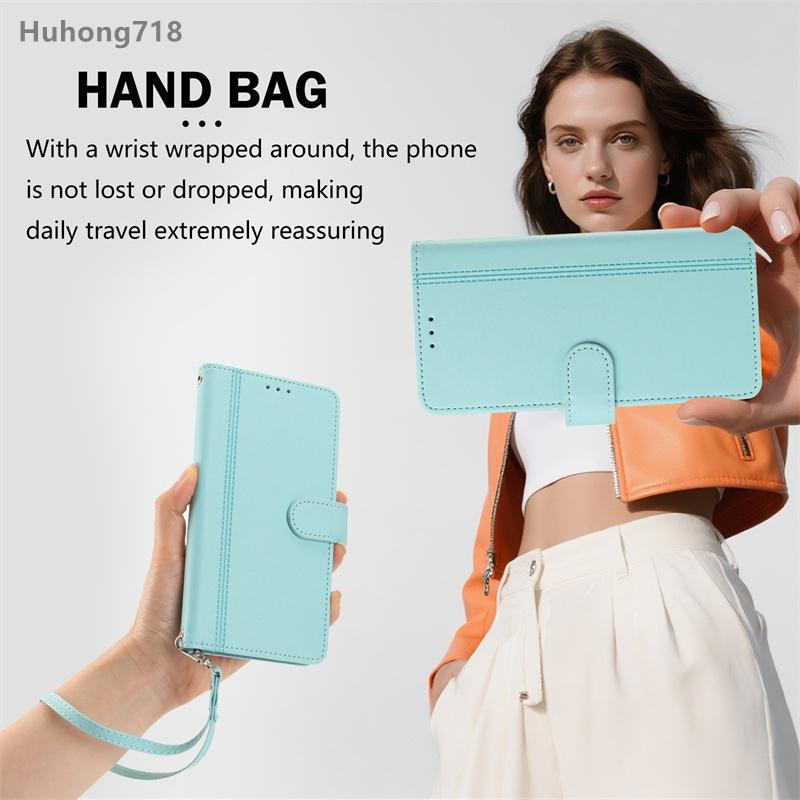 For OPPO F27 F31 Reno 4 4F 5 5F 6 Lite Pro Plus 4G 5G Flip Wallet Case Leather Cover With Card Slot Silicone Hand Strap Wireless Charging