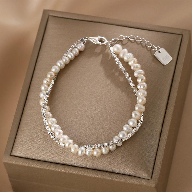 Fashion 925 Sterling Silver Pearl Bracelets for Women Girls Luxury Double Layer Pearl Silver Chain Bracelets Party Jewelry Gifts