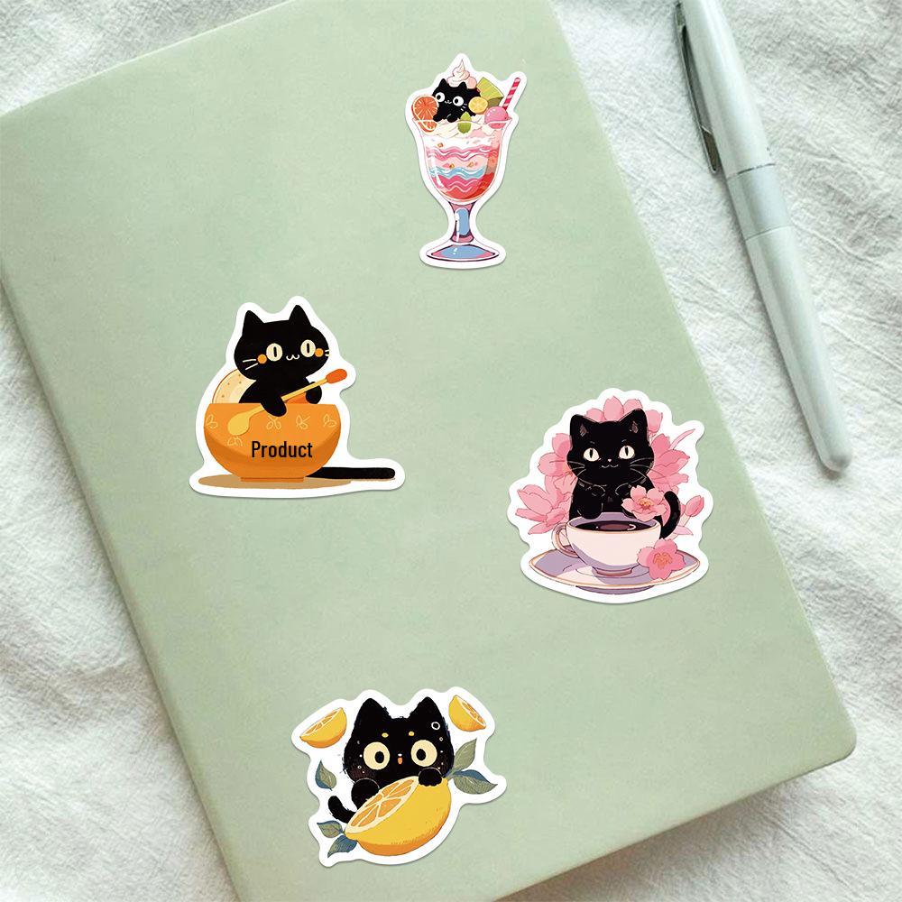 60 Sheets Cute Black Cat Stickers for Decoration: Cartoon Kitten Decals for Suitcases, Computers, Refrigerators, and Scooters.